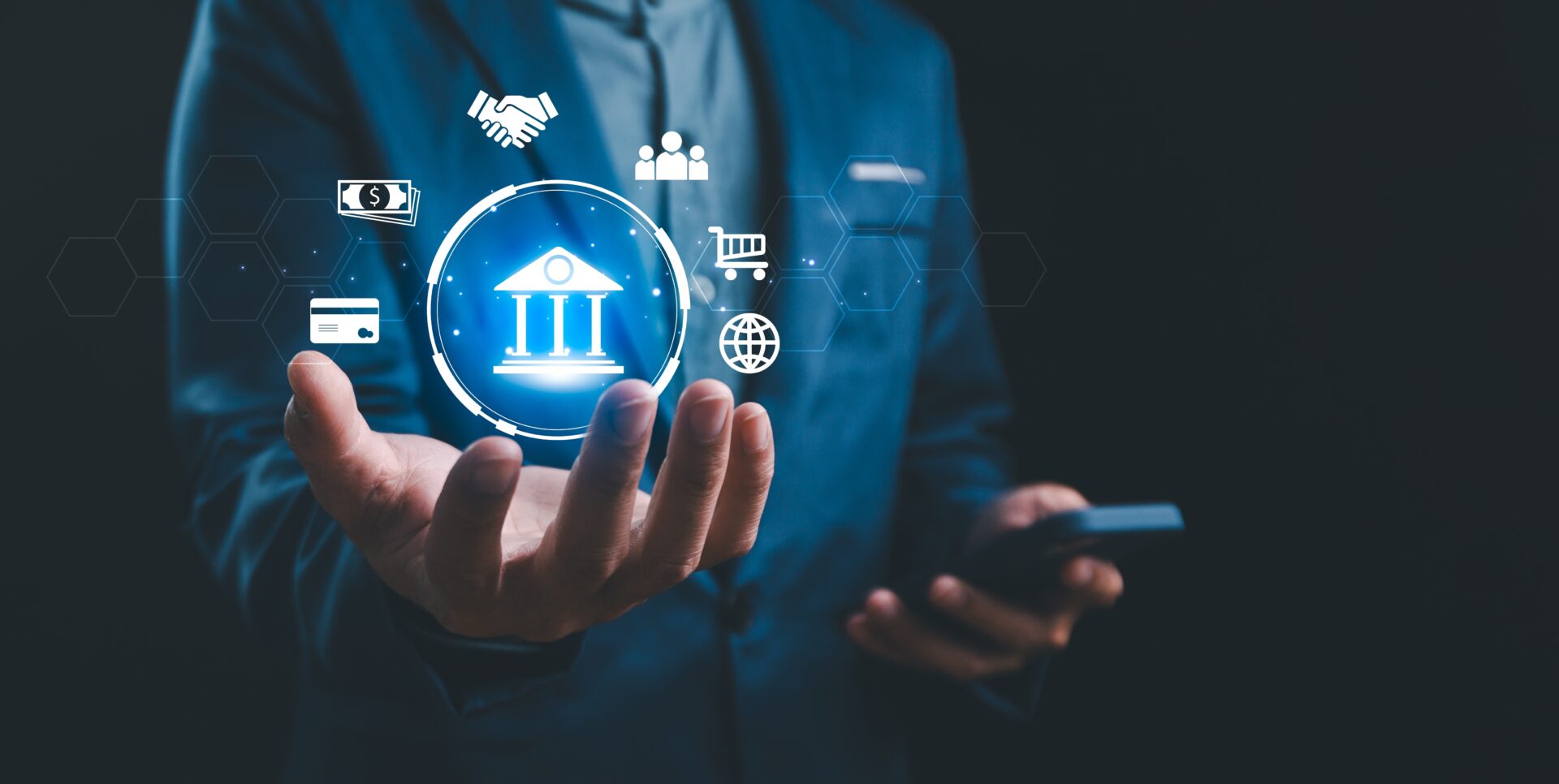 Businessmen,Holding,Online,Banking,And,Payments,,Digital,Technology,,Mobile,Banking,